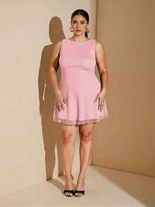 SHEIN BAE Plus Size Women Sleeveless Mesh Dress, Spring/Summer - Baby Pink - View 9
