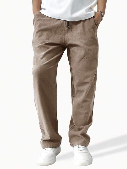 Manfinity Homme Men's Loose Solid Color Drawstring Waist Straight Leg Pants Men Linen Pant Men Pants Casual Men Drawstring Pants Men Khaki Pant Khaki Joggers Men