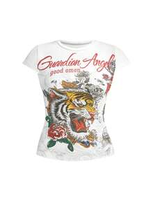 ROMWE Grunge Punk Y2K Retro Baddie Tiger Vine Faux Tattoo Print T-Shirt - White - View 1