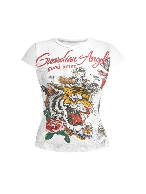 ROMWE Grunge Punk Y2K เรโทร Baddie Tiger Vine เสื้อยืดพิมพ์ลายรอยสักปลอม