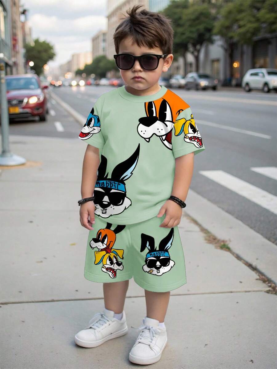 2pcs/Set Kaos Lengan Pendek dan Celana Pendek Kasual Minimalis Motif Kelinci Kartun untuk Anak Laki-Laki, Cocok untuk Musim Panas - MultiWarna - View 1