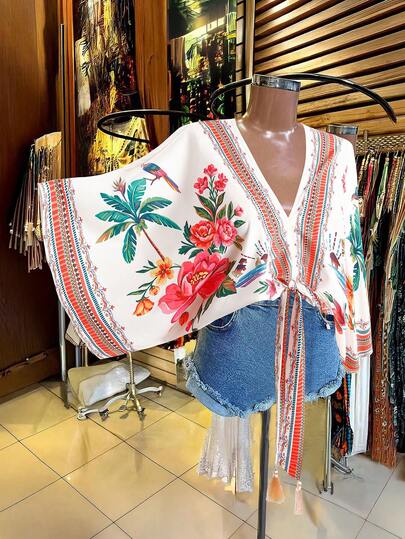 Franclia Plus Size Women's V-Neck Nomadic Floral Print Contrast Color Elegant Retro Vacation Beach Casual Shirt With Bowknot