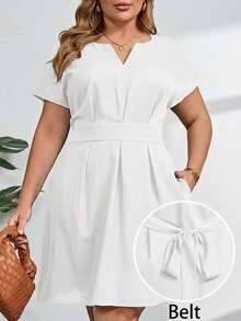 SHEIN Clasi Plus Size Solid Color Notched Neck Belted Elegant Summer Dress For Women - White - View 1