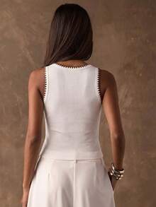 SHEIN BAE 94Cotton Women's Contrast Embroidered White And Brown Ribbed Camisole,Summer Casual Everyday Chic Off-Shoulder Top For Music Festivals And Parties - White - View 2