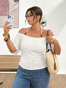 Lounesse Plus Size Women's Off-Shoulder Black T-Shirt With Beaded Tie Design - White - View 1