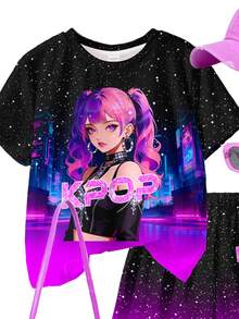 SHEIN 渐变星空紫，K-POP卡通女孩肖像，少女休闲圆领短袖T恤和短裤两件套，适合春夏日常穿着 - 彩色 - 查看 4