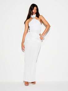 KIZN Ribbed Knit Maxi Skirt Bodycon Fit With Side Ruching Summer Casual Outfit - White - View 4