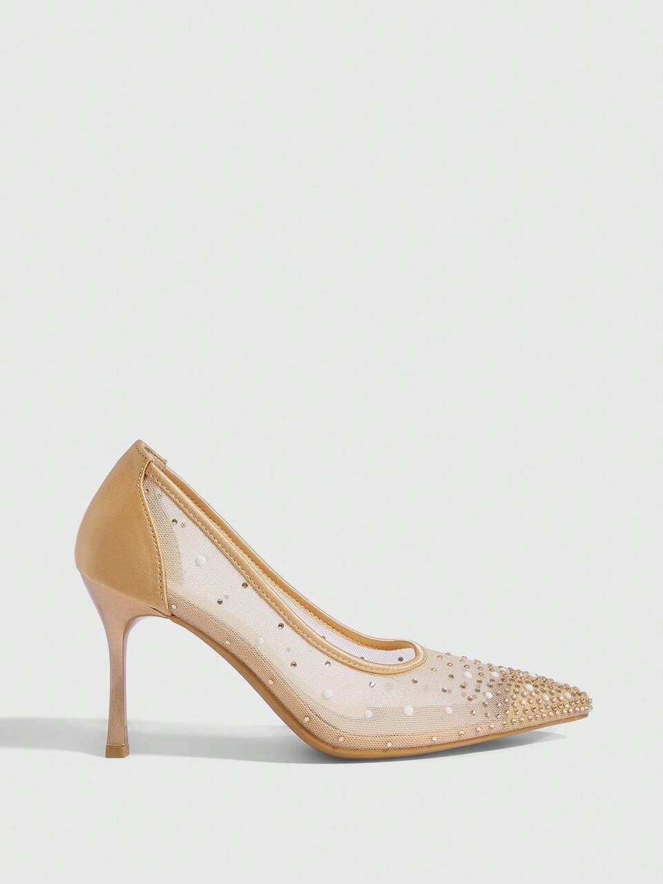 CUCCOO SZL Women's Fashion Pointed Crystal/Rhinestone Gold Powder Mesh Stitching Party Dinner Stiletto High Heels Shoes