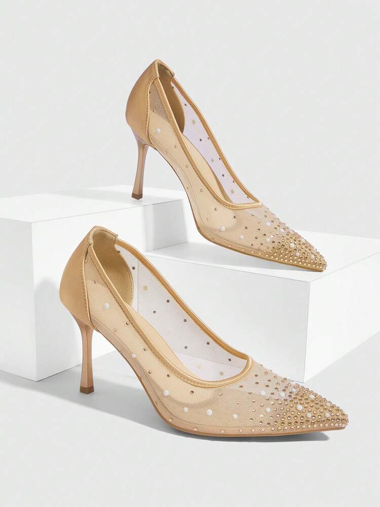 CUCCOO SZL Women's Fashion Pointed Crystal/Rhinestone Gold Powder Mesh Stitching Party Dinner Stiletto High Heels Shoes