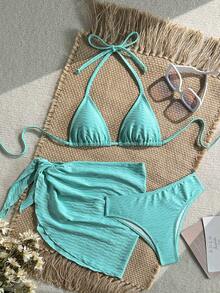 Swim Vcay Women's Halter Style Solid Color Bikini Swimsuit Set, Swimwear Set For Summer Beach Vacation - 酒紅色 - 查看 5