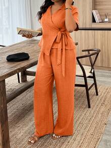 Bộ đồ nữ cỡ lớn màu trơn tay ngắn thắt nút bên hông và quần dài kiểu dáng thường ngày. - trái cam - Xem 4