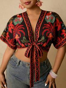Travachic Plus Size Women Palm Tree Front Knot Cropped Shirt - Multicolor - View 6
