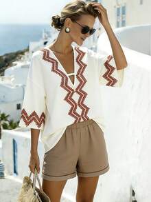 SHEIN Holidaya Áo kiểu nữ dáng rộng, cổ chữ V, tay lửng, in họa tiết, thích hợp cho kỳ nghỉ. - Màu be - Xem 5