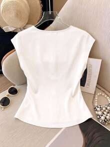 Resyla Kaos Wanita Lengan Pendek Leher V Bahan Satin Kasual Serbaguna, Musim Semi/Panas - Putih - View 2