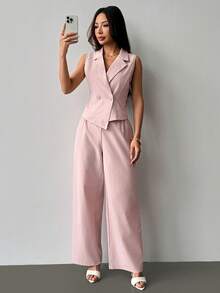 PETITE Conjunto de 2 piezas de ropa de otoño, top sin mangas y pantalón de unicolor - Rosa - Ver 5
