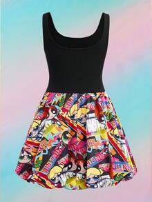 THE POWERPUFF GIRLS X SHEIN 少女休闲卡通印花拼接无袖连衣裙，夏季 - 黑色 - 查看 2