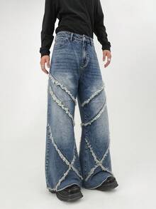 Manfinity Roghcode Jeans anchos casuales lavados y desgastados para hombres - Azul - Ver 5