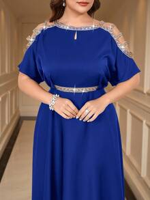 SHEIN Clasi Plus Size Elegant Party Sequin Embellished Off-Shoulder Dress - Royal Blue - View 5