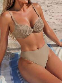 SHEIN Swim Top De Bikini Retorcido Y Texturado Para Mujeres - Caqui - Ver 1