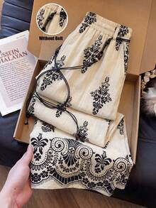 Lyxana Women's Casual Daily Vacation Printed Elastic Waist Pants - Apricot - View 1