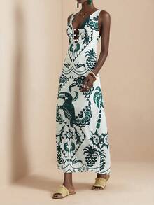 SHEIN Veneréa 女士巨嘴鸟印花露背系带连衣裙 - 墨綠色 - 查看 4