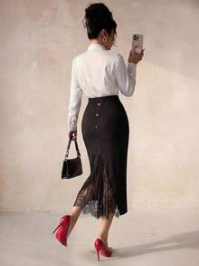Elenzga Plus Size Women's Spring/Summer Button Decor Split Lace Patchwork Casual Midi Skirt - Black - View 1