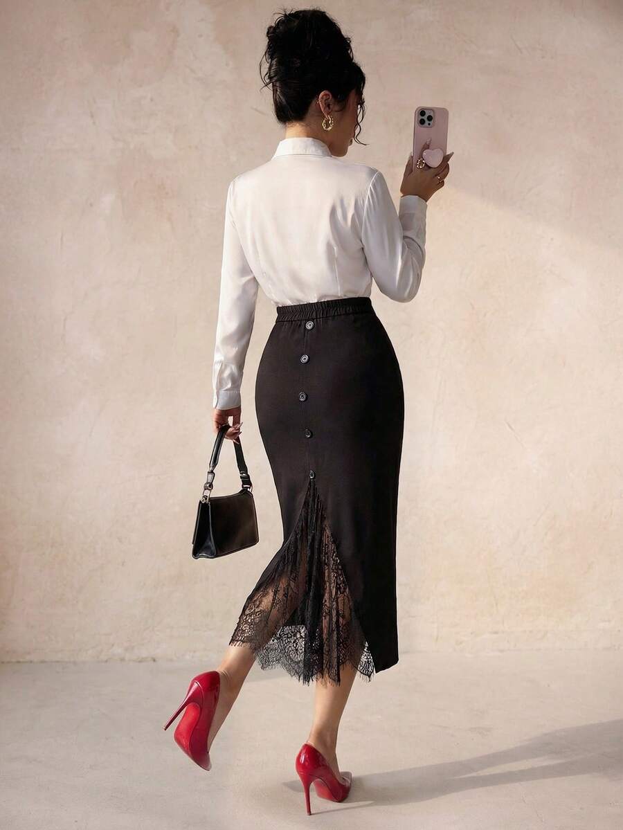 Elenzga Plus Size Women's Spring/Summer Button Decor Split Lace Patchwork Casual Midi Skirt - Black - View 1