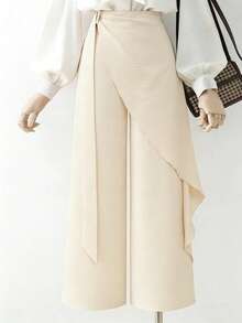 GlowEve New Women's Woven Belt With Ribbon Design, Wide Leg Style, Elegant & Casual Daily Wear Pants For Spring/Autumn - Apricot - View 1