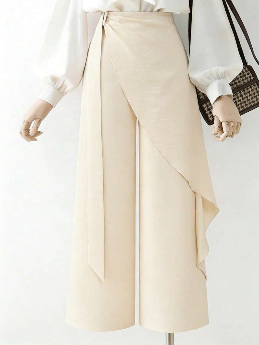 GlowEve New Women's Woven Belt With Ribbon Design, Wide Leg Style, Elegant & Casual Daily Wear Pants For Spring/Autumn - Apricot - View 1