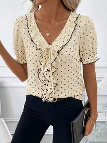 SHEIN Clasi Plus Size Women's Polka Dot Pattern Ruffle Front Tie Short Puff Sleeve Blouse - Yellow - View 4