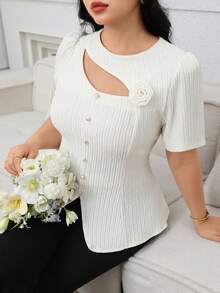 Modelyn 大码女式3D立体花卉装饰休闲百搭日常衬衫 - 杏色 - 查看 8