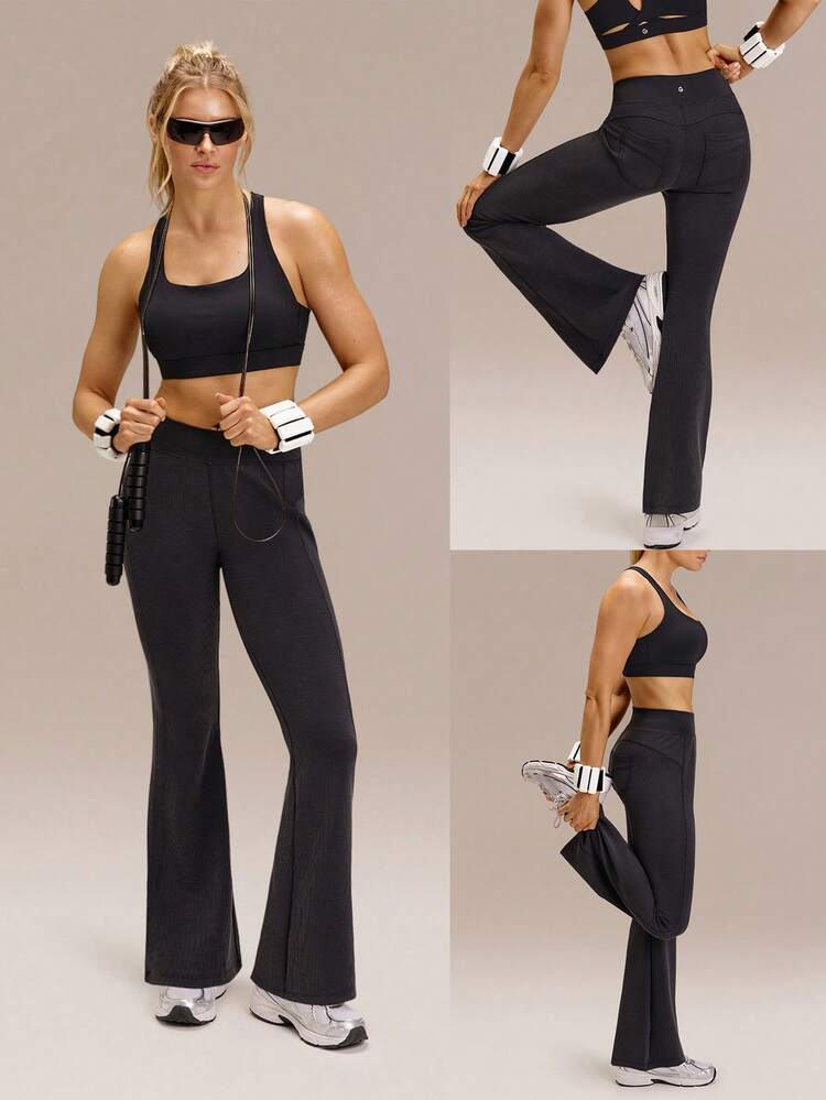 Modal gerippte Rillungen & leuchtende nahtlose Taille Rückentaschen Schlaghose Mittlere Belastung Studio Gym Workout Alltags Casual Tragen