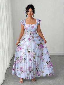 Elenzga Plus Size Women's Vintage French Style Versatile Vacation Date Ruched Waist Slimming Floral Print Ruffle Sleeve Square Neck Maxi Dress - Mauve Purple - View 3