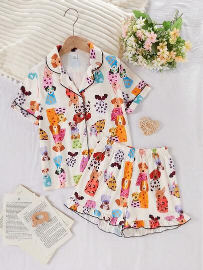 2件套女童豹纹狗狗图案短袖上衣和短裤睡衣套装，可爱俏皮