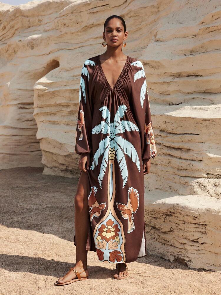 SHEIN Maija Outfit Deas Of  Dress,Women's Tropical Plant Print Long Sleeve Dress, Vacation Style,Beach Dresses ,Vacation Dresses,Holiday Outfits For Women Resort Wear Women Vacation Dress