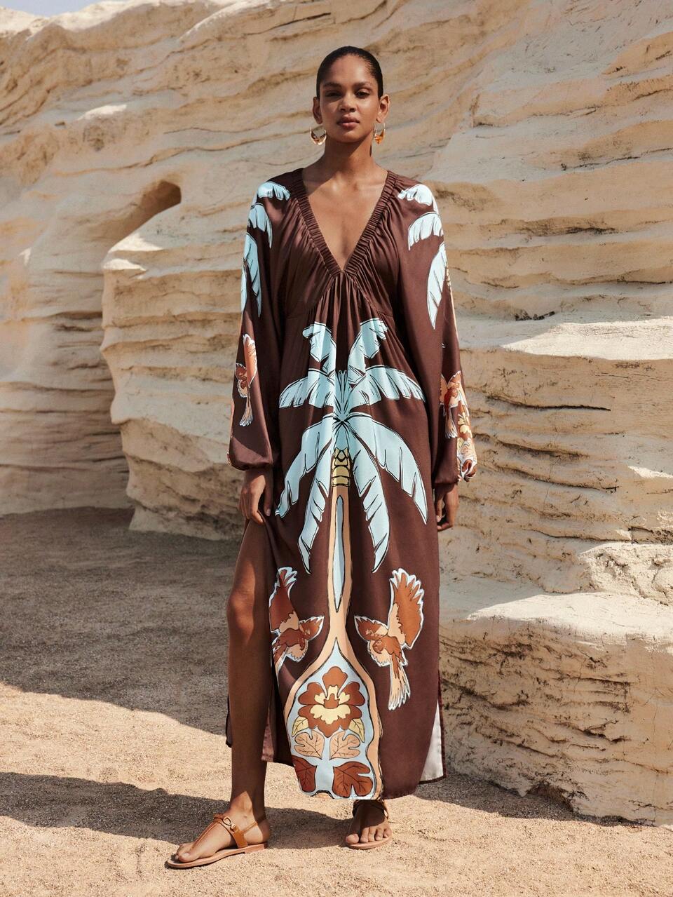 SHEIN Maija Women Boho Multicolor Maxi Dress With V Neck And Bishop Sleeves Featuring Plant Pattern And Split Detail