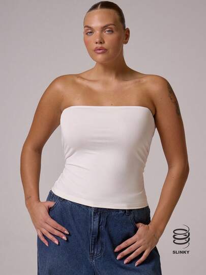 MUSERA Plus Size White Fitted Strapless Bandeau Top Everyday Casual Spring Summer Vacation Holiday Essentials