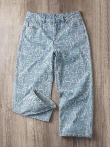 Manfinity Joysei 男士浅蓝色字母印花宽松阔腿牛仔裤，街头风男士图案牛仔裤，男士艺术裤 - 淺色水洗藍 - 查看 1