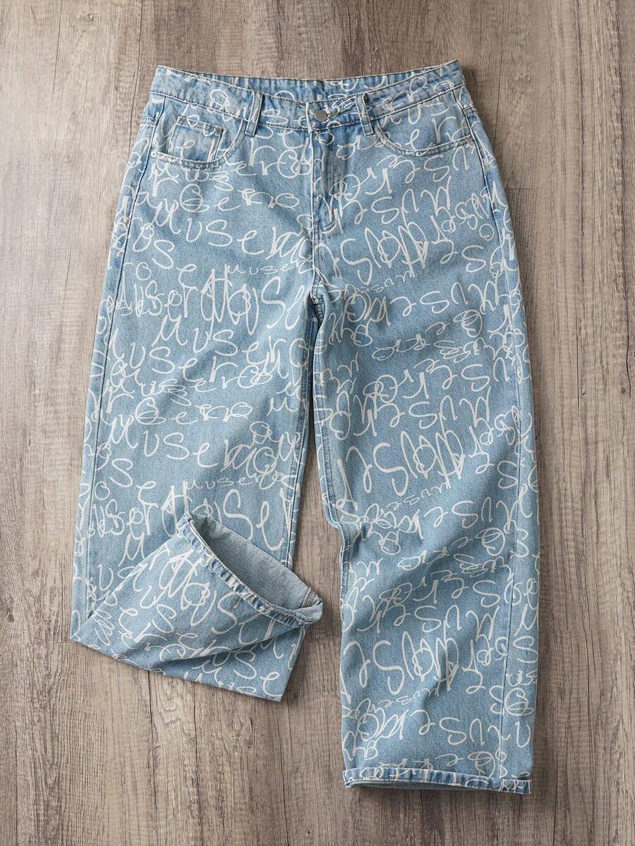 Manfinity Joysei 男士浅蓝色字母印花宽松阔腿牛仔裤，街头风男士图案牛仔裤，男士艺术裤 - 淺色水洗藍 - 查看 1