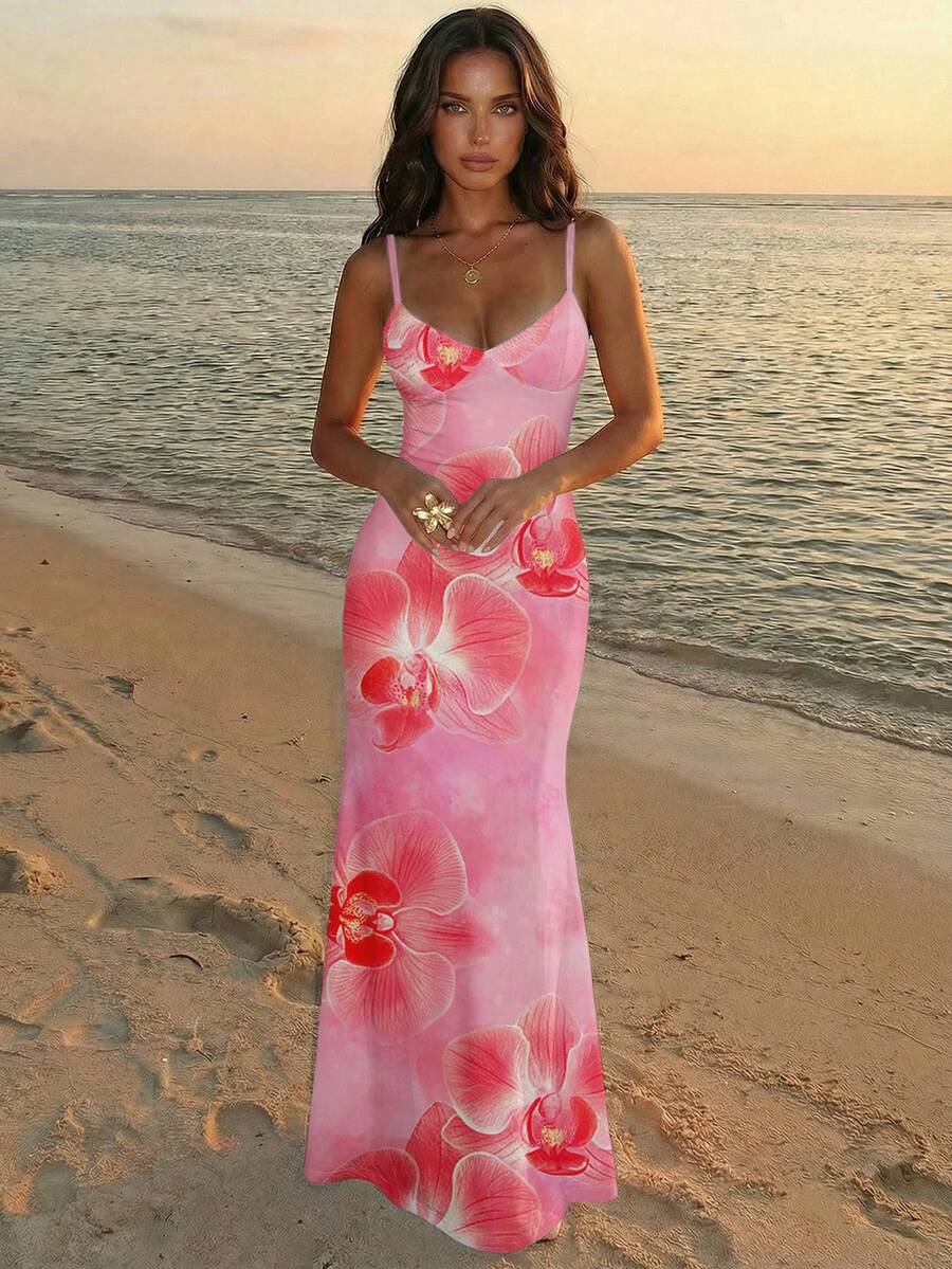 Aloruh Đầm in họa tiết hoa lan màu hồng loang nhuộm tie-dye theo phong cách tối giản, thanh lịch, lãng mạn, cổ điển, phù hợp cho tiệc sinh nhật, họp mặt, lễ hội âm nhạc, đi biển, mùa hè. Đầm ôm sát gợi cảm với dây đeo mảnh, thắt eo, dành cho nữ. - Nhiều màu - Xem 1