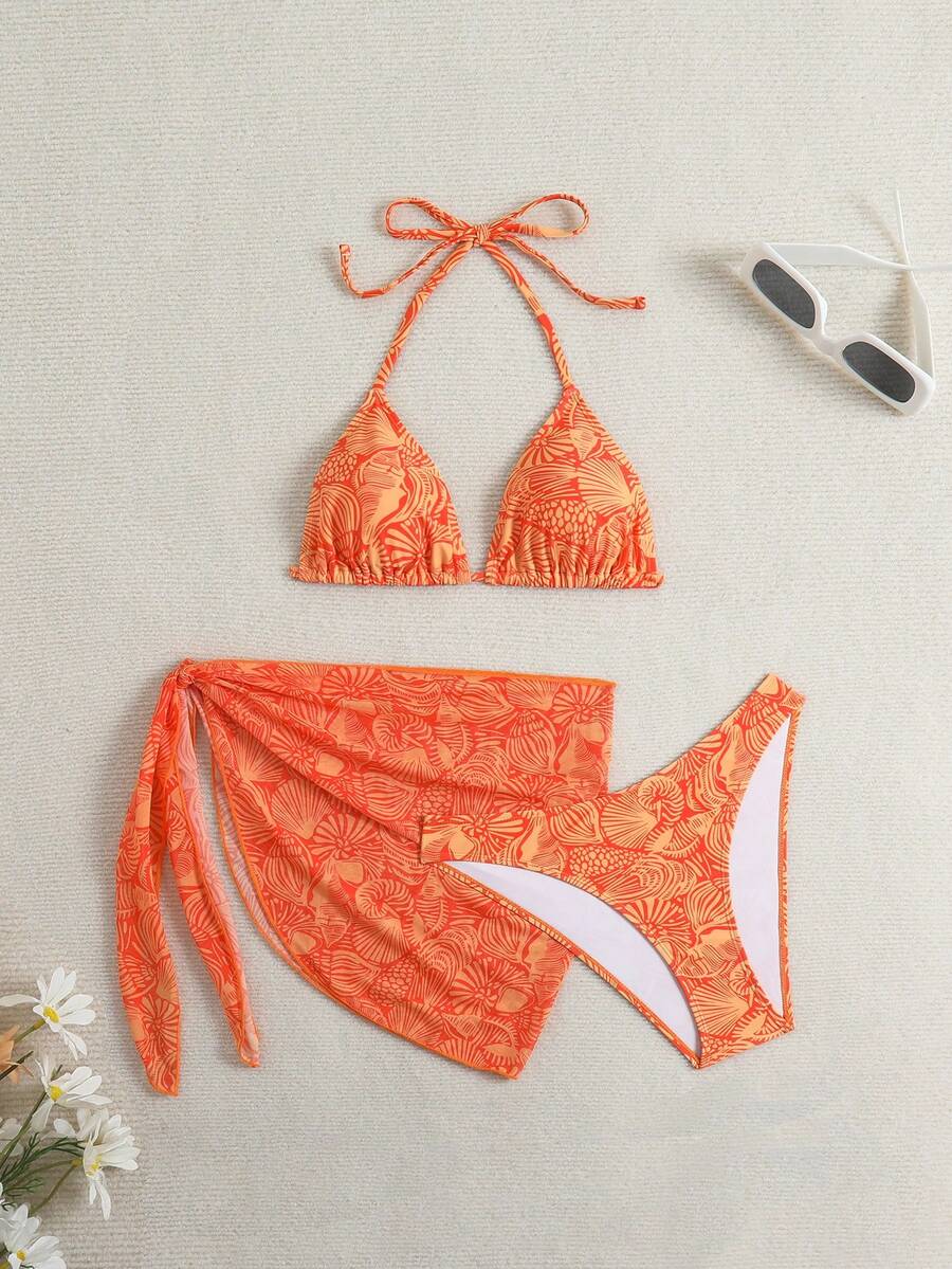 SHEIN Swim Vcay Women's 3-Piece Set: Random Shell Print Sexy V-Neck Halter Top, Matching Triangle Bottoms And Side Tie Skirt Bikini Set - Multicolor - View 1