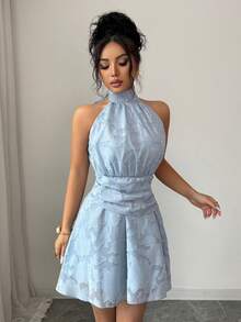 Modelyn 优雅浅蓝色镂空荷叶边露背连衣裙 - 藍色 - 查看 6