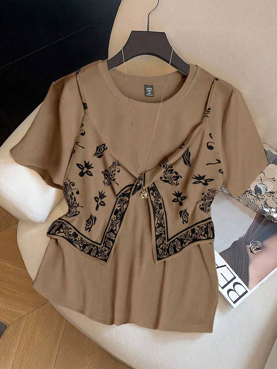 GlowEve CURVE Camiseta de manga corta con estampado floral para mujer de talla grande - Marrón - Ver 1