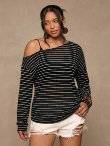 Freevana Áo dệt kim dáng rộng, vai lệch, kiểu dáng thường ngày, đa năng, phù hợp cho mùa thu/đông. - màu đen - Xem 4