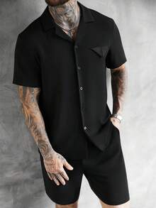 SLATEMANN Men's Comfortable Crinkle Fabric Short Sleeve Single Pocket Shirt And Elastic Waist Shorts Set, Suitable For Casual Vacation, Hangout With Friends, Party, Office, And Business Occasions, Ideal For Spring And Summer Mans Outfit Men Outfits 2 Piece Male Outfit Mens Two Piece Sets Black Outfit For Men - Black - View 5