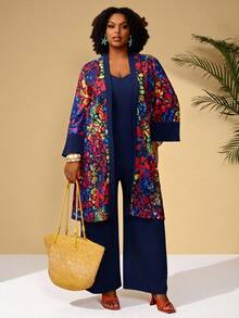 BrightlyHer Plus Size Women's Boho Floral Print Kimono Jacket & Navy Blue Jumpsuit With Pockets,2 Pieces Set For Autumn Vacation,Holiday & Early Spring Outfits - Multicolor - View 6