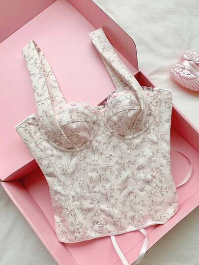 Comfortcana Áo corset định hình màu hồng, kiểu dáng hoa nhỏ nhắn, ngọt ngào, thanh lịch và tươi tắn.