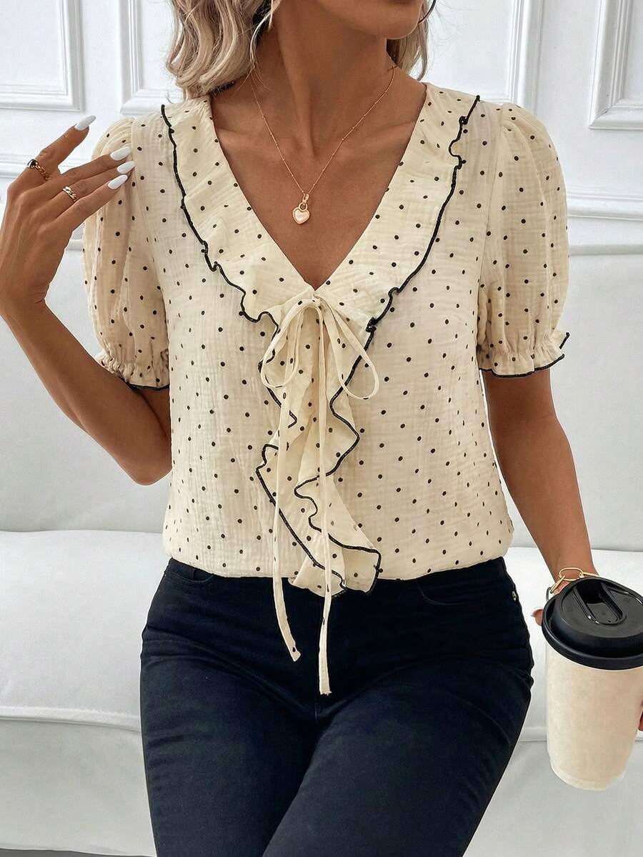 SHEIN Clasi Plus Size Women's Polka Dot Pattern Ruffle Front Tie Short Puff Sleeve Blouse - Yellow - View 1