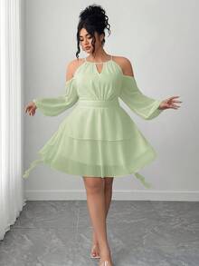 Elenzga Women's Cold Shoulder Solid Color Keyhole Neck Lantern Sleeve Dress - Green - View 5