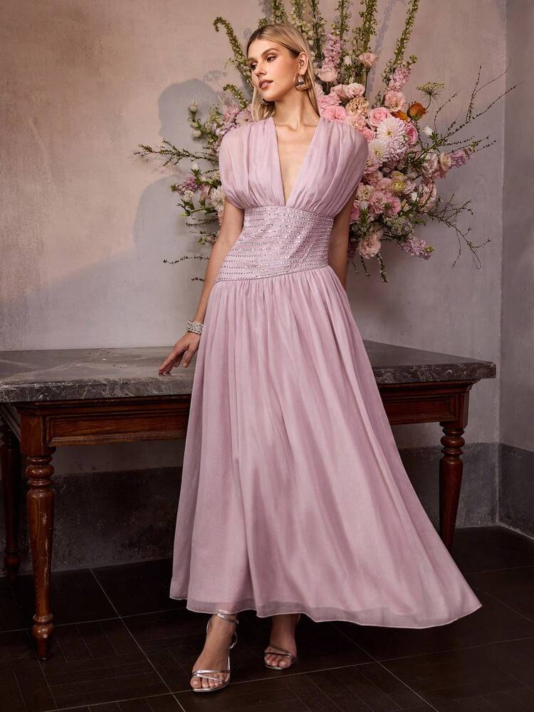 MOTF Soiréza ELEGANT SLEEVELESS DEEP V-NECK MAXI PARTY GOWN FOR WOMEN , CHEST PLEATED DETAILING, WAIST RHINESTONE EMBELLISHMENTS, BACK LACE-UP DETAIL, CHIFFON FABRIC, FIT FOR NEW YEAR, VALENTINE'S DAY, FORMAL PARTIES, GALAS & CELEBRATIONS